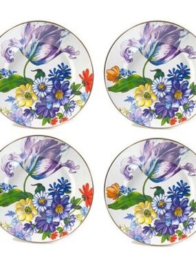 Lot of 4 MacKenzie-Childs White Flower Market Enamelware Dinner Plates 10" New